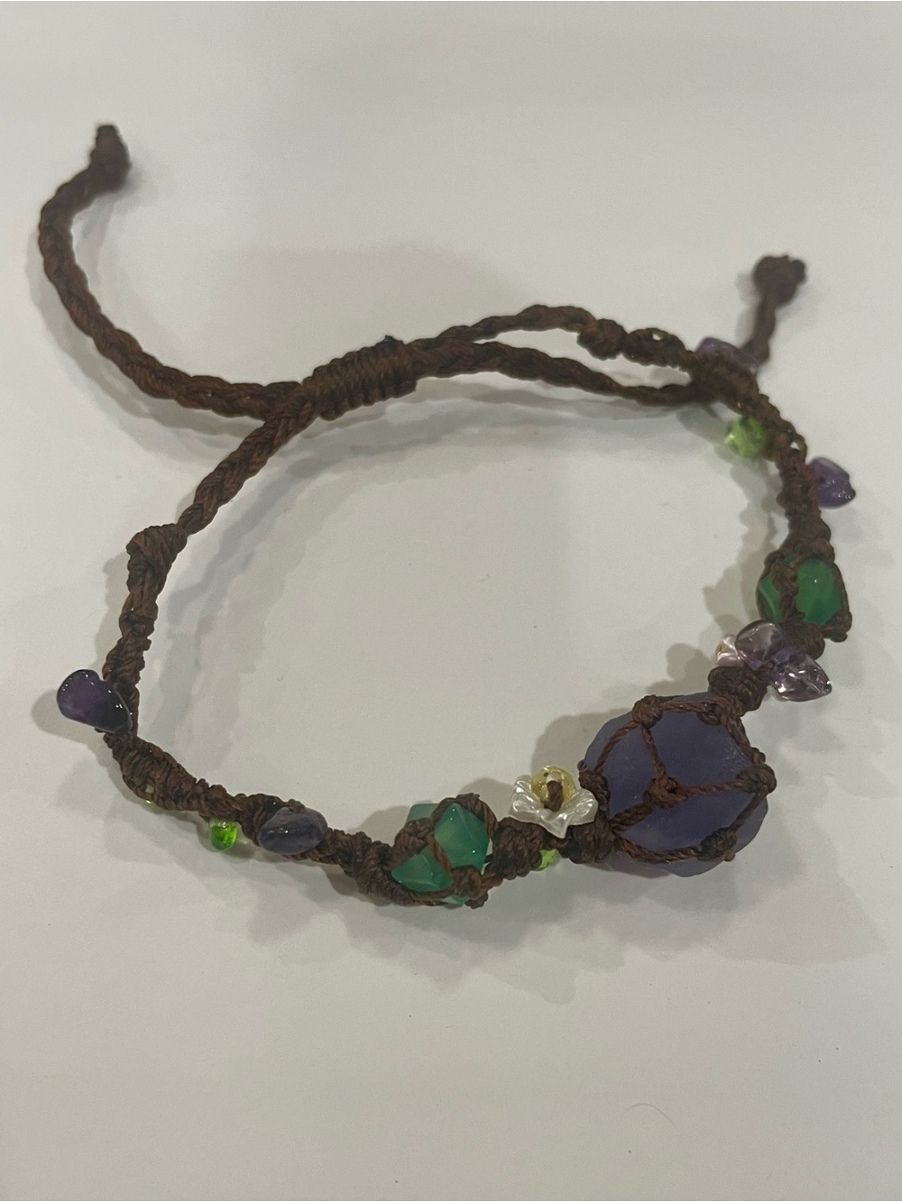 Raw Lavender Crystal Brown Macramé Bracelet with Purple and Green Beads